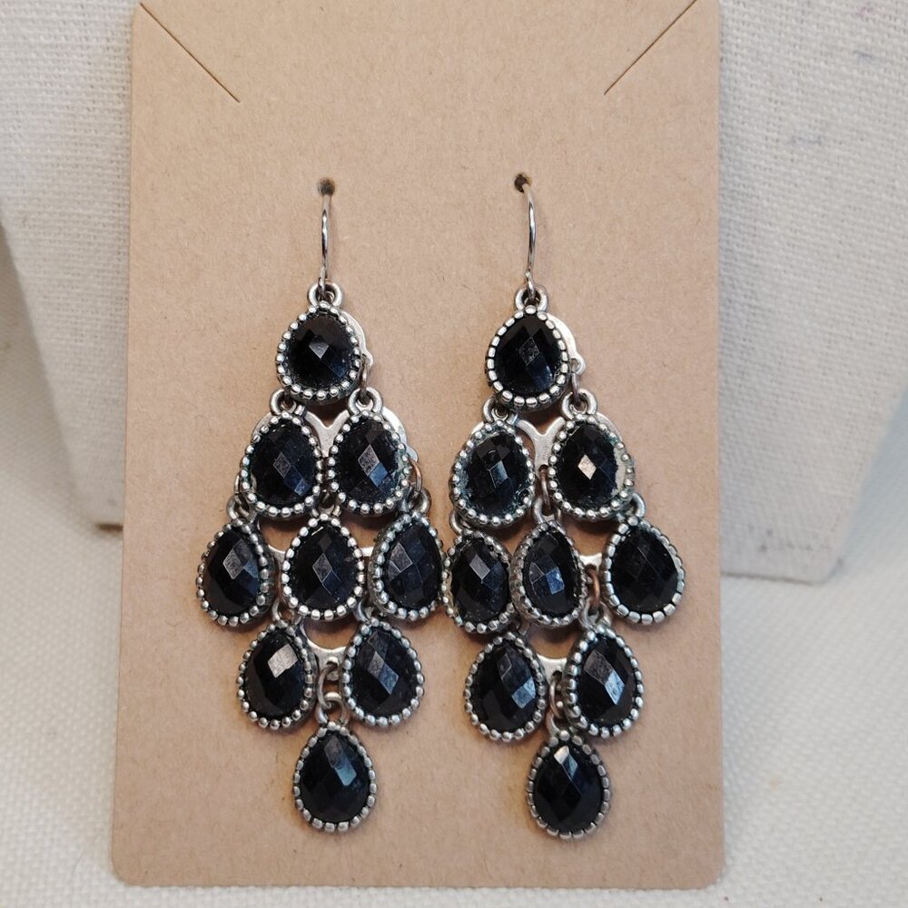 Faceted Black Chandelier Dangle Earrings | Silver Tone Metal